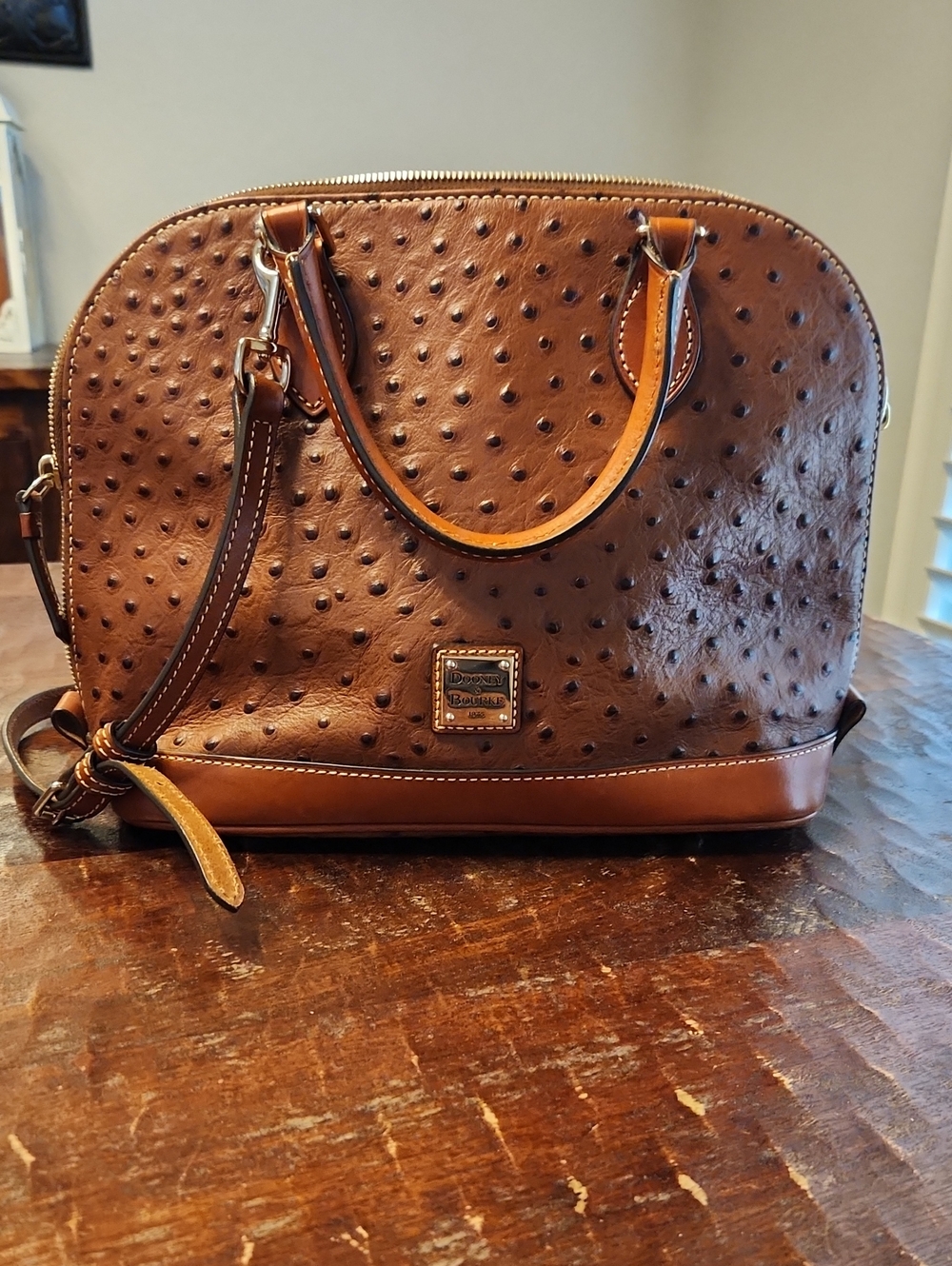 Dooney & Bourke Brown Ostrich-Embossed Leather Satchel with Tan Trim